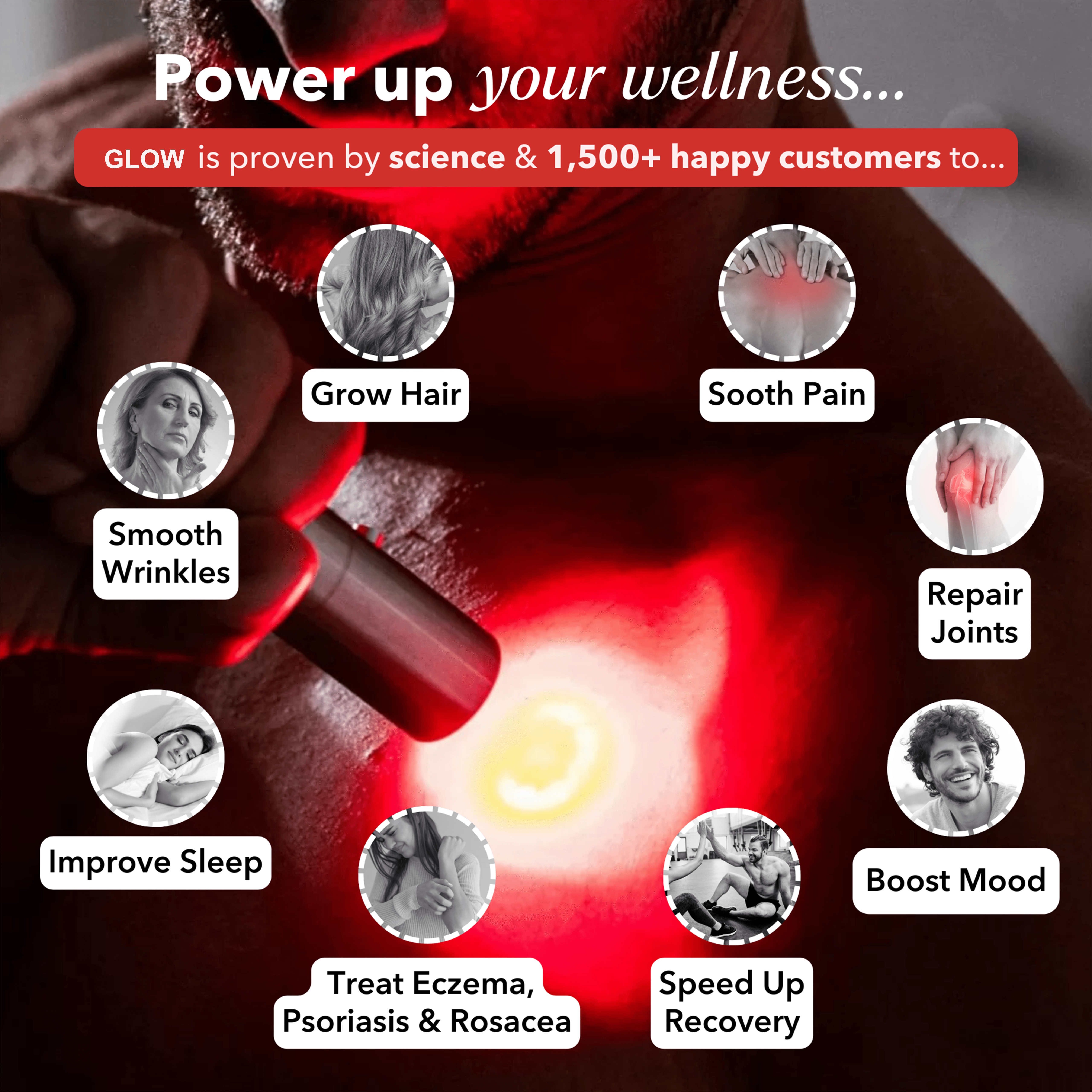 Glow-Red™ Red Light Therapy Torch for skin rejuvenation, muscle recovery, and pain relief.